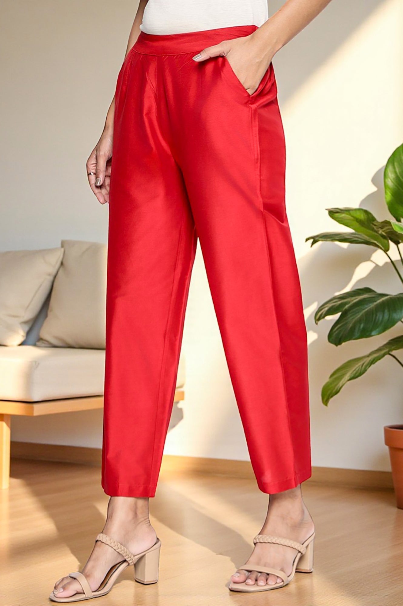 W for Woman Cherry Red Solid Printed Straight Pant