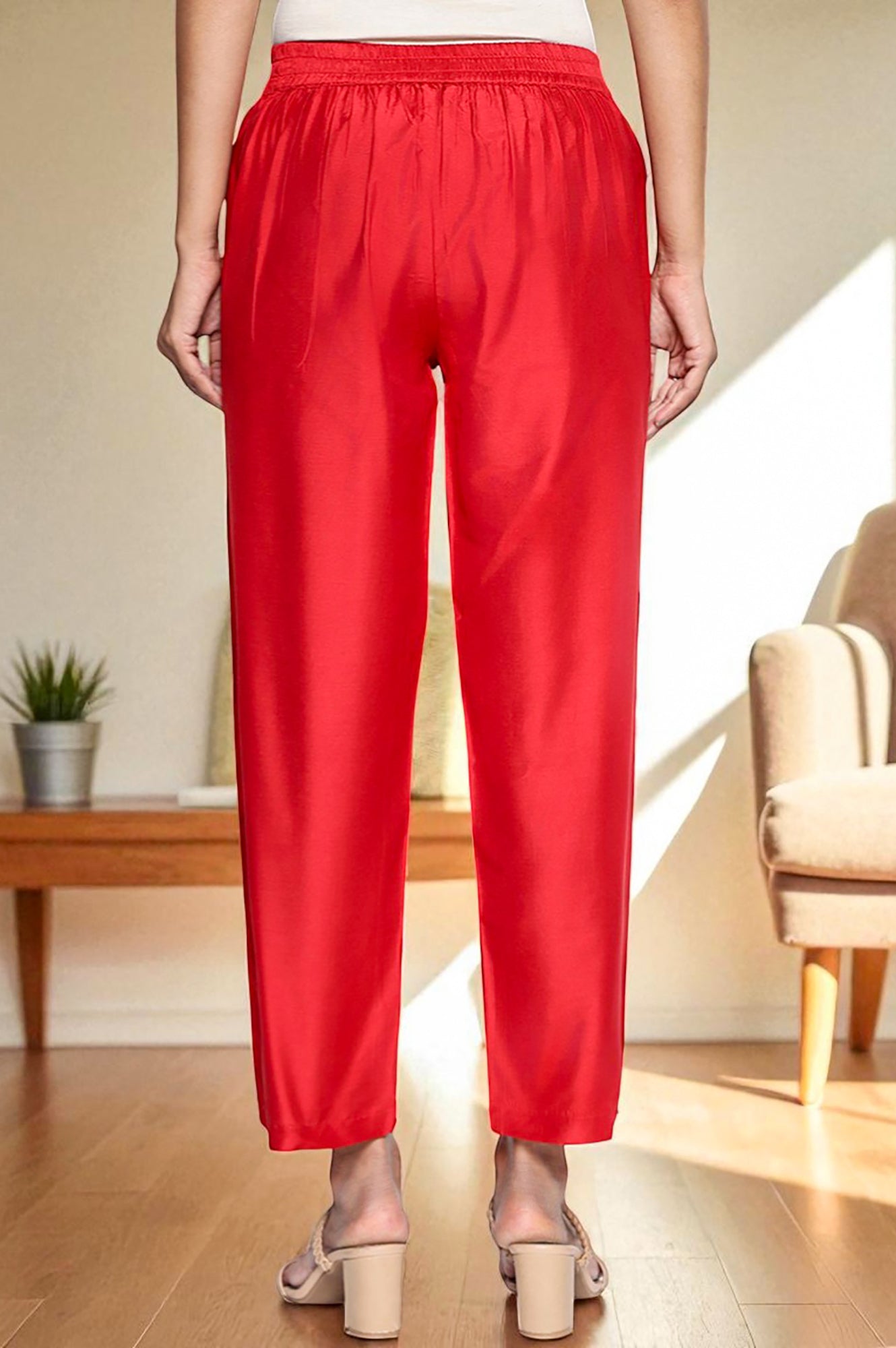 W for Woman Cherry Red Solid Printed Straight Pant