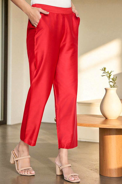 W for Woman Cherry Red Solid Printed Straight Pant