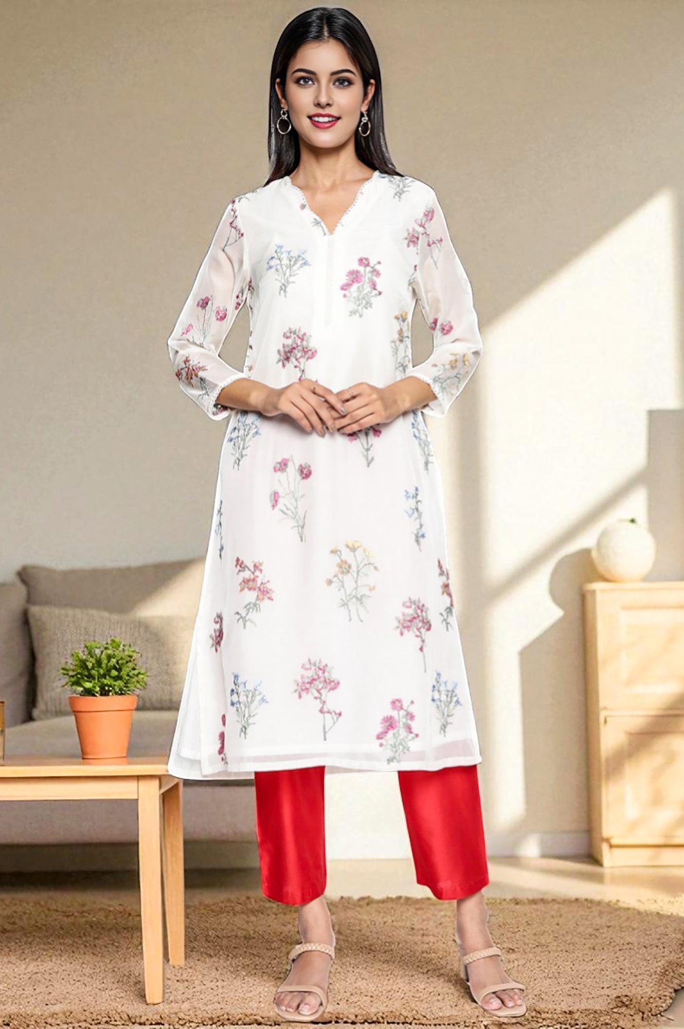 W for Woman Cherry Red Solid Printed Straight Pant