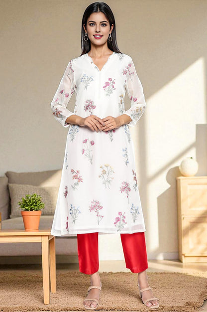 W for Woman Cherry Red Solid Printed Straight Pant