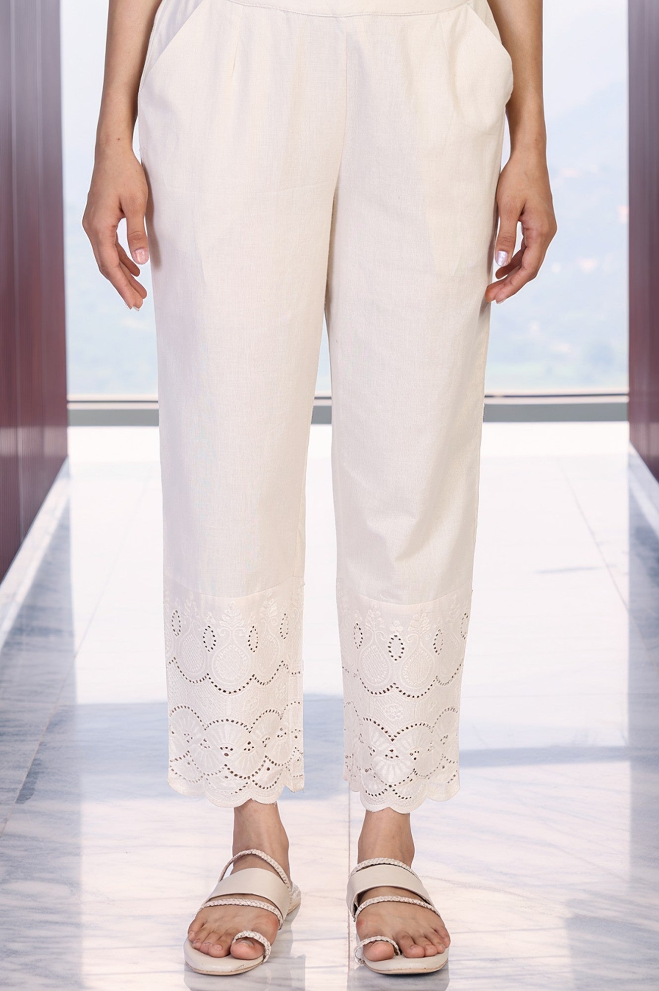 W for Woman Off-White Embroidered Cropped Cotton Straight Pant