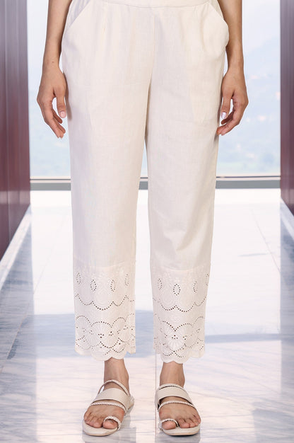 W for Woman Off-White Embroidered Cropped Cotton Straight Pant