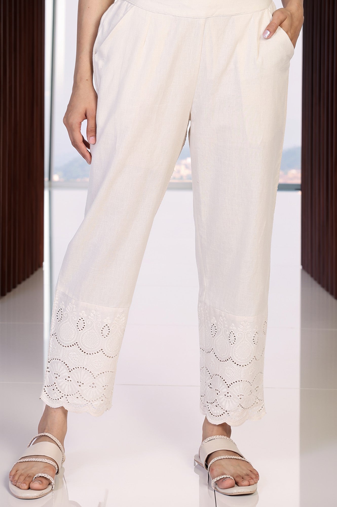 W for Woman Off-White Embroidered Cropped Cotton Straight Pant