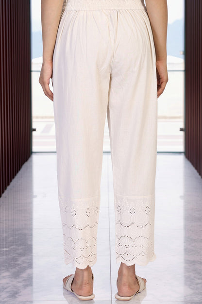 W for Woman Off-White Embroidered Cropped Cotton Straight Pant