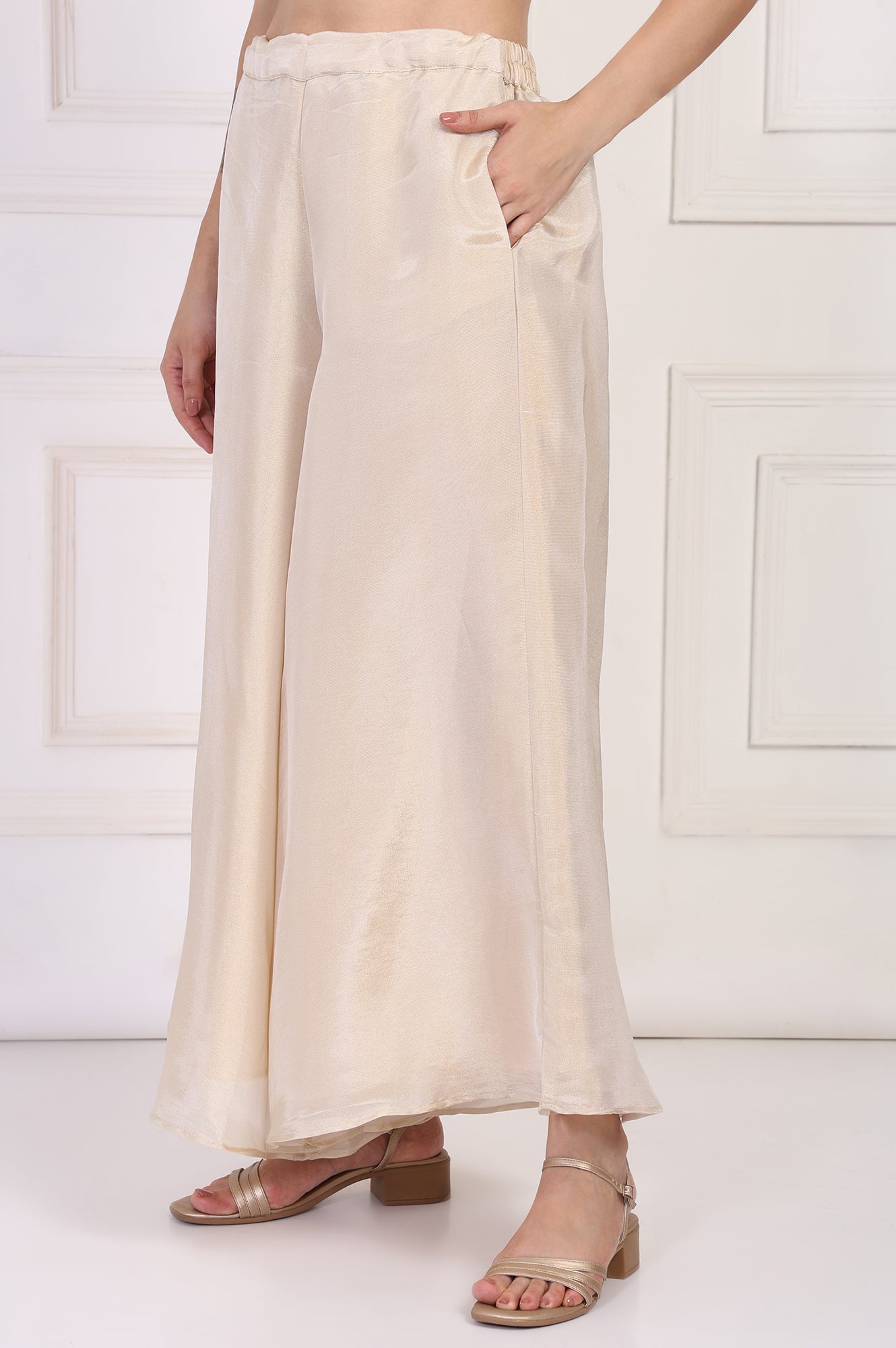 W for Woman Cream Textured Flared Tissue Pant