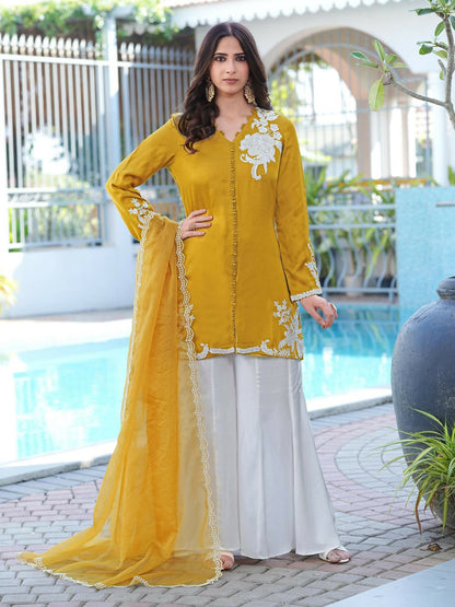 Nikhaar Dark Yellow Embroidered Modal Silk Stitched Straight Cut Kurta Kalidar Palazzo Dupatta Readymade Suit