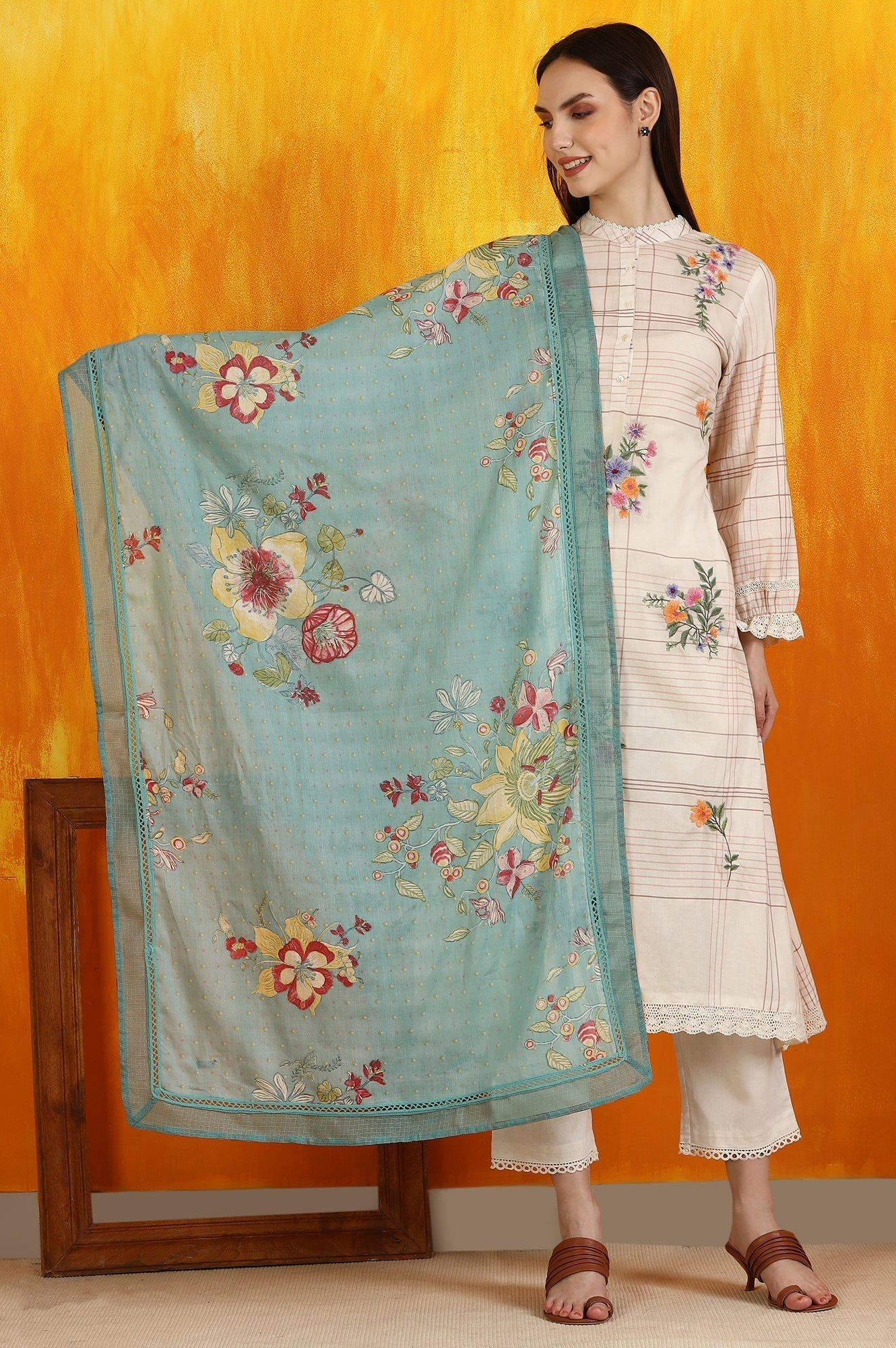 W for Woman Reef Blue Floral Printed Pure Cotton Dupatta