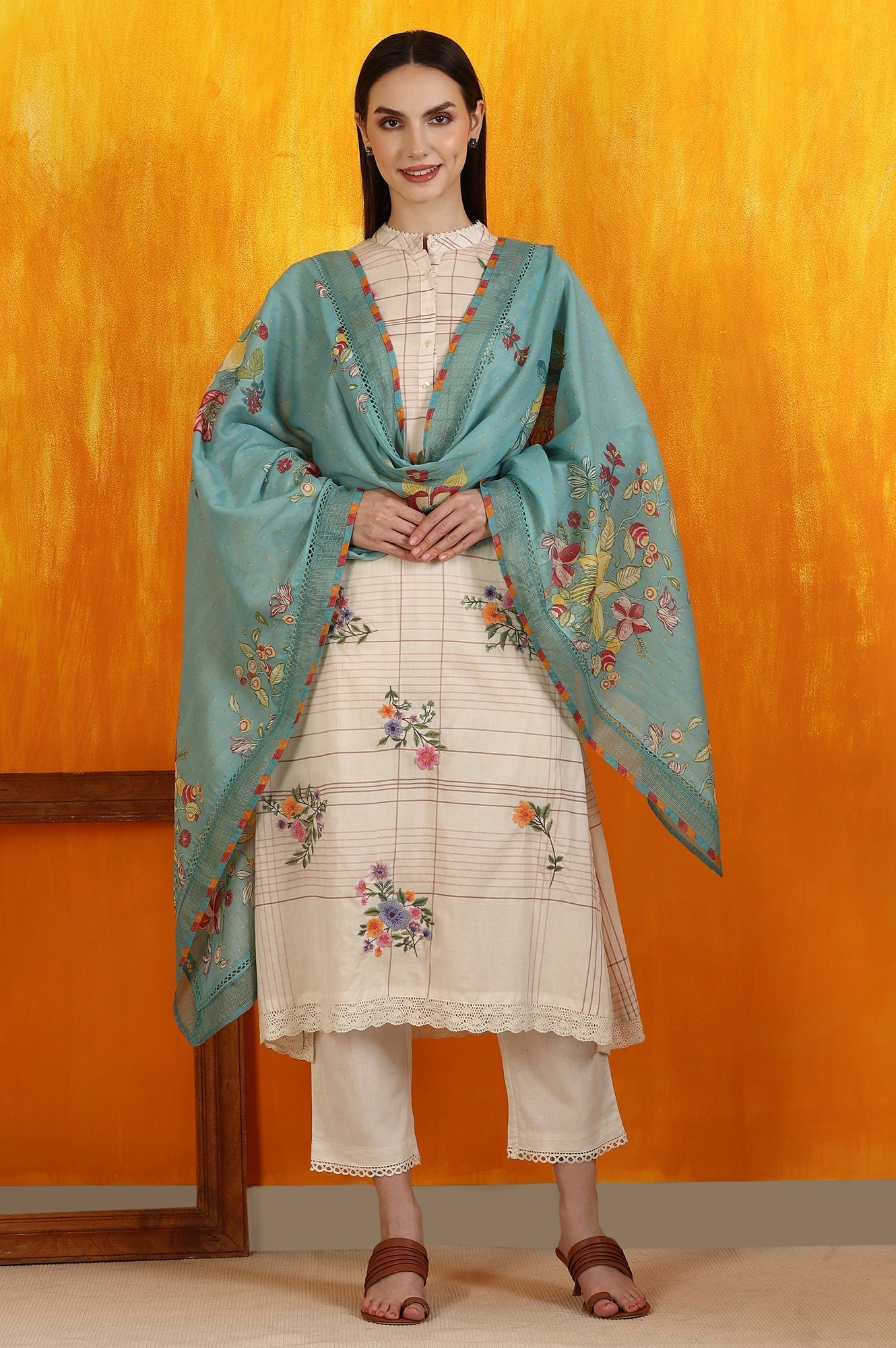 W for Woman Reef Blue Floral Printed Pure Cotton Dupatta