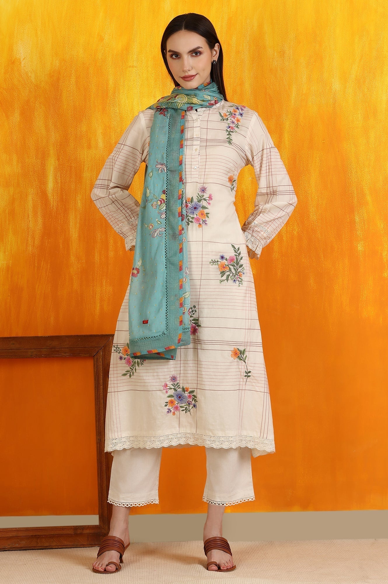 W for Woman Reef Blue Floral Printed Pure Cotton Dupatta