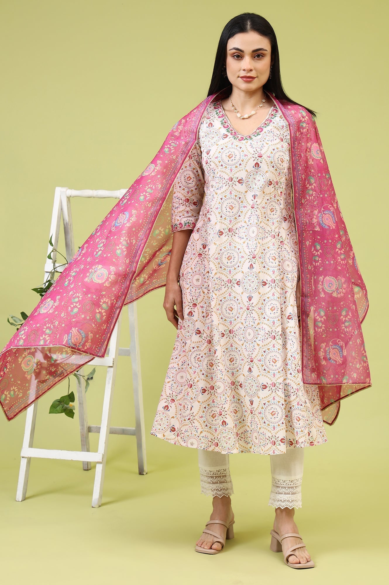 W for Woman Fuchsia Pink Chintz Floral Printed Organza Dupatta
