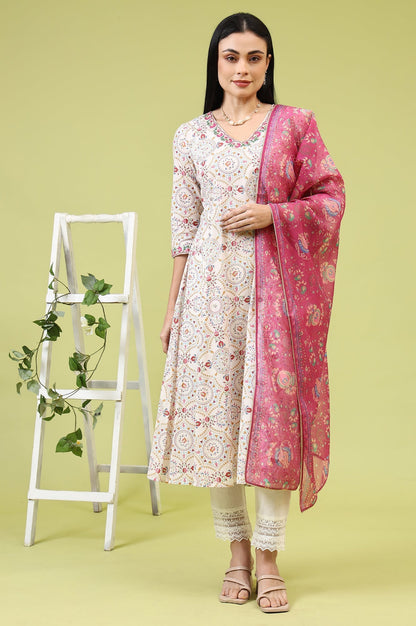 W for Woman Fuchsia Pink Chintz Floral Printed Organza Dupatta