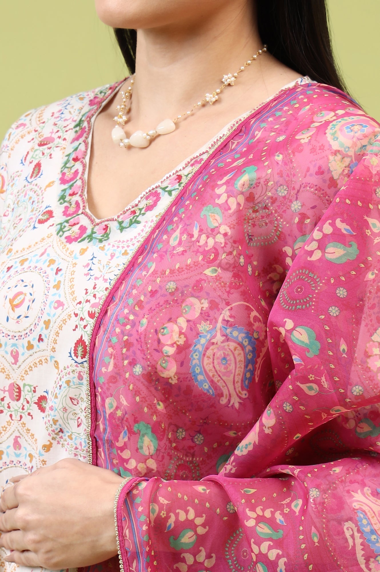 W for Woman Fuchsia Pink Chintz Floral Printed Organza Dupatta