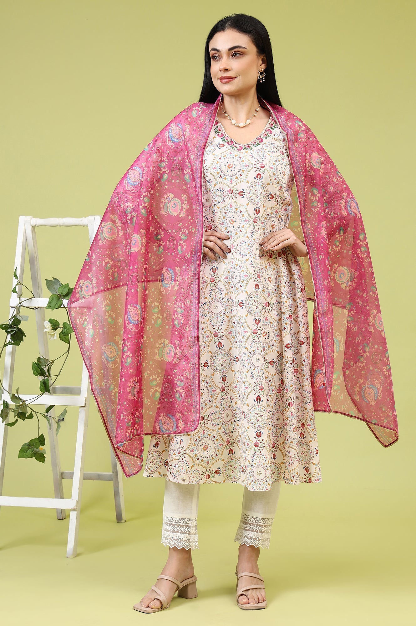 W for Woman Fuchsia Pink Chintz Floral Printed Organza Dupatta