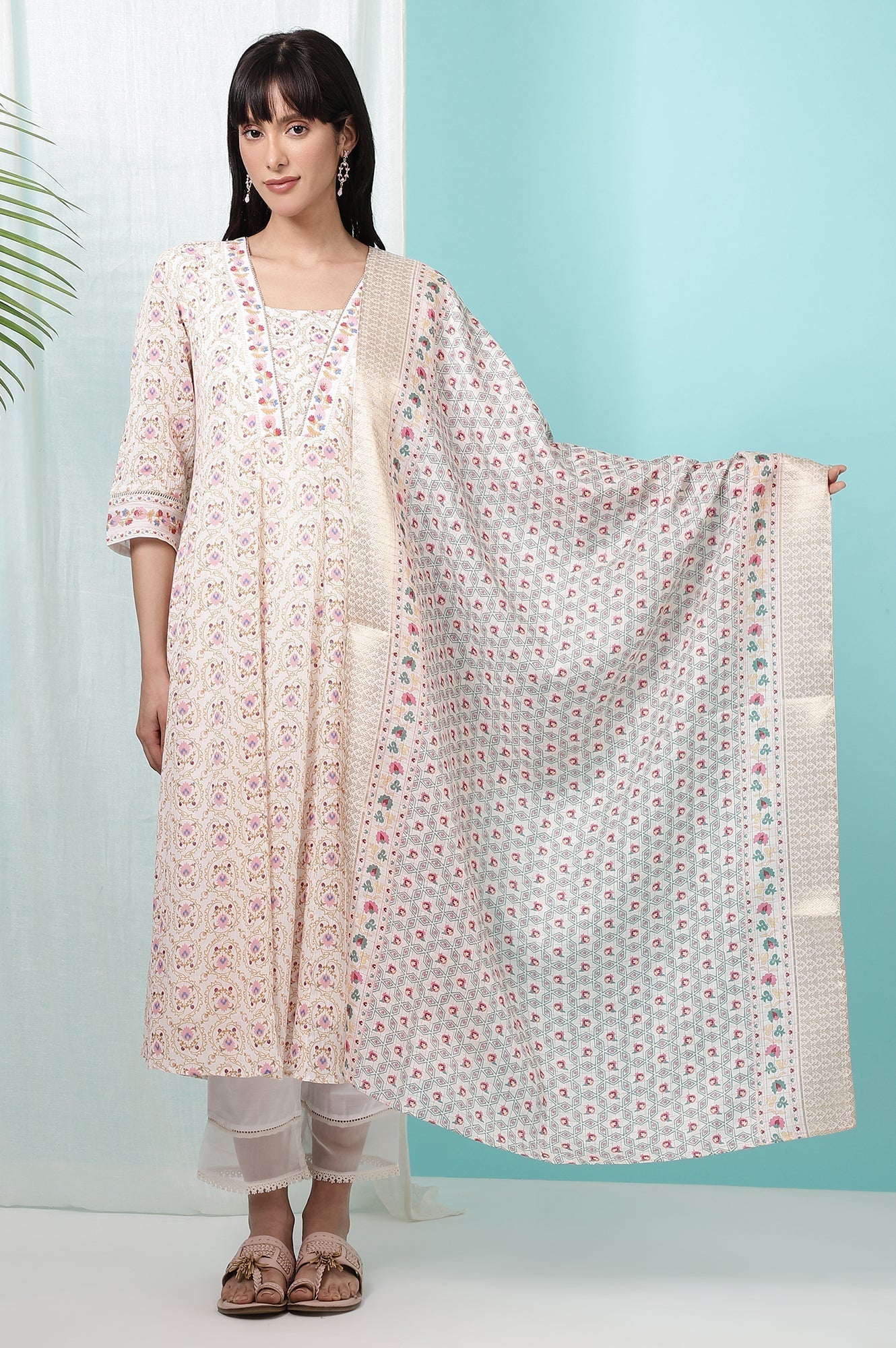 W for Woman Ivory Printed Jacquard Silk Dobby Dupatta