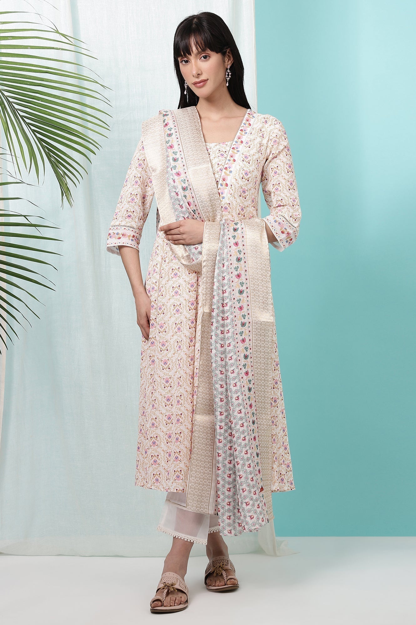 W for Woman Ivory Printed Jacquard Silk Dobby Dupatta