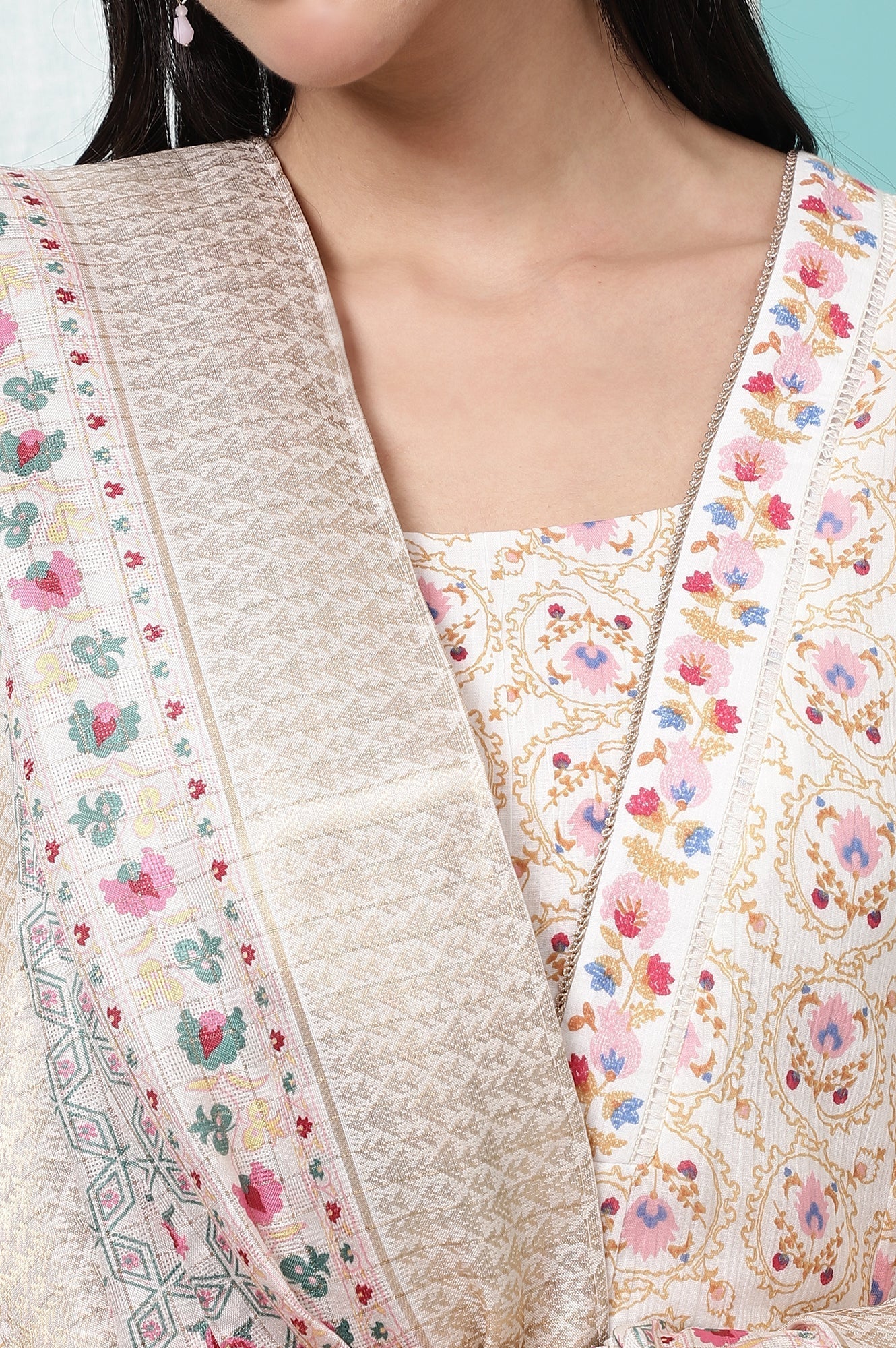 W for Woman Ivory Printed Jacquard Silk Dobby Dupatta