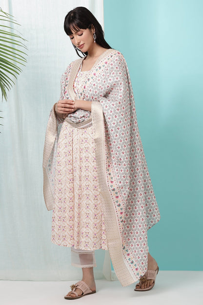 W for Woman Ivory Printed Jacquard Silk Dobby Dupatta