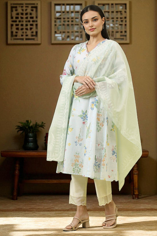 W for Woman Mint Blue Floral Printed Kota Dupatta
