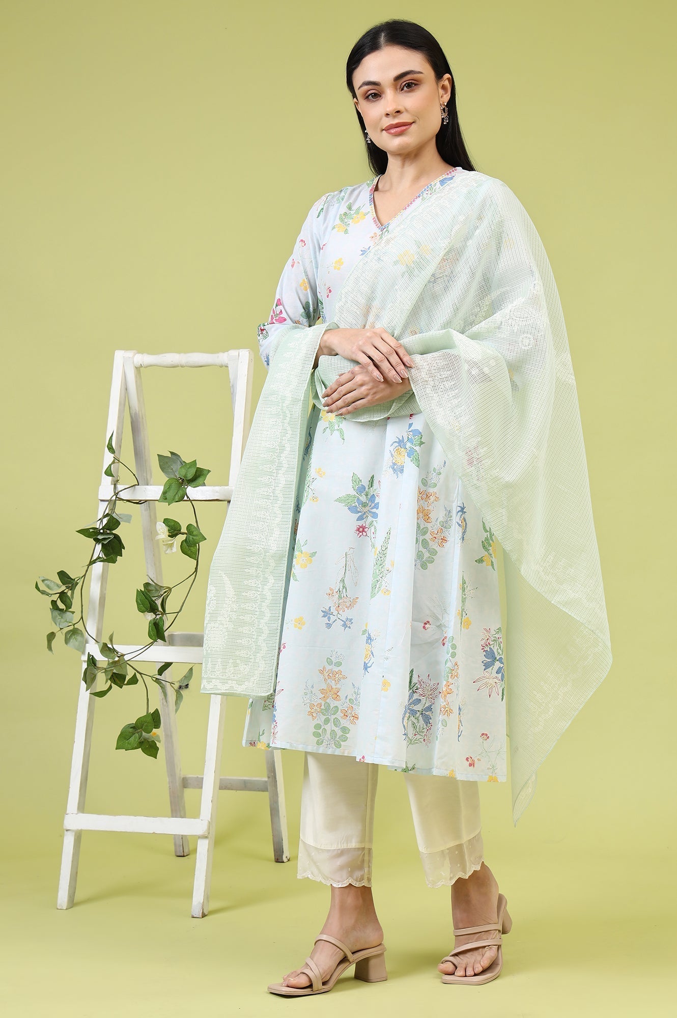 W for Woman Mint Blue Floral Printed Kota Dupatta
