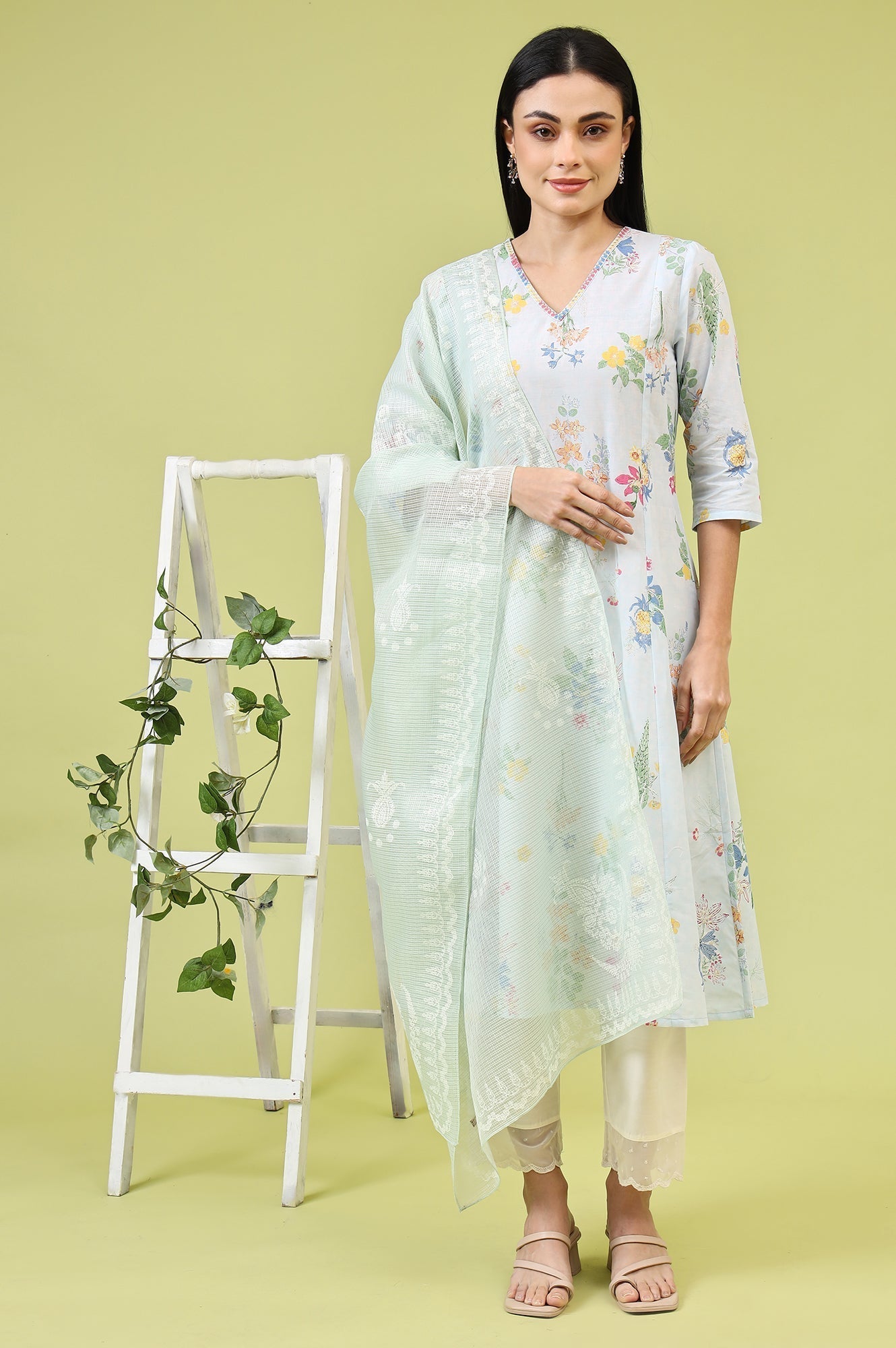 W for Woman Mint Blue Floral Printed Kota Dupatta