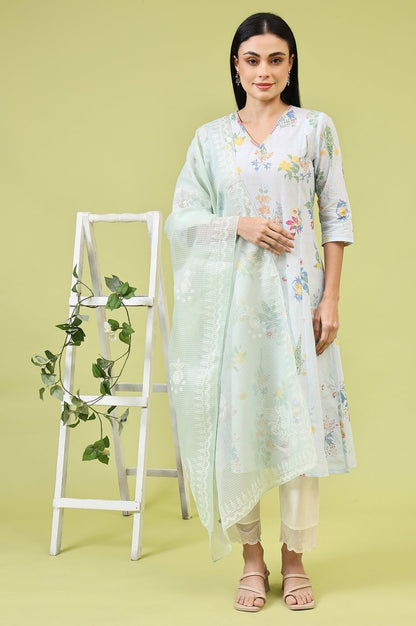 W for Woman Mint Blue Floral Printed Kota Dupatta