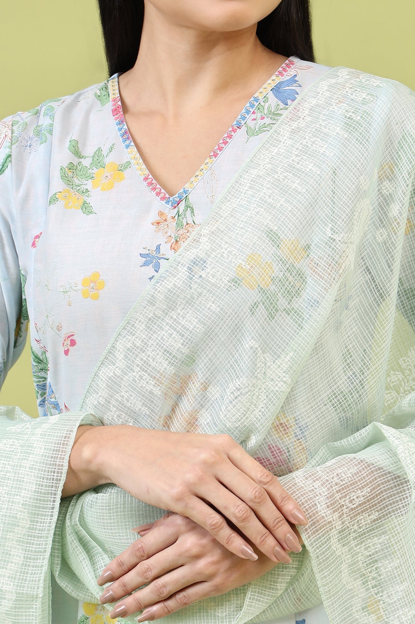 W for Woman Mint Blue Floral Printed Kota Dupatta