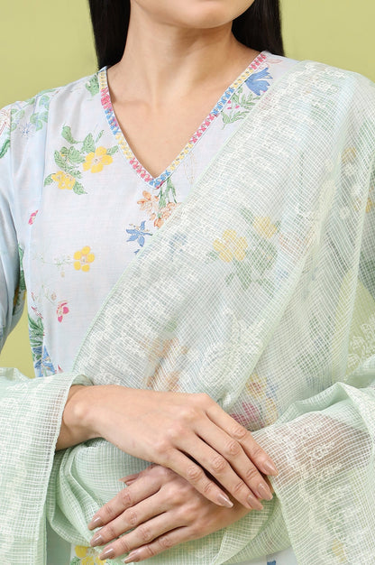W for Woman Mint Blue Floral Printed Kota Dupatta