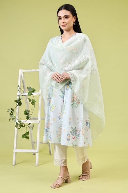 W for Woman Mint Blue Floral Printed Kota Dupatta