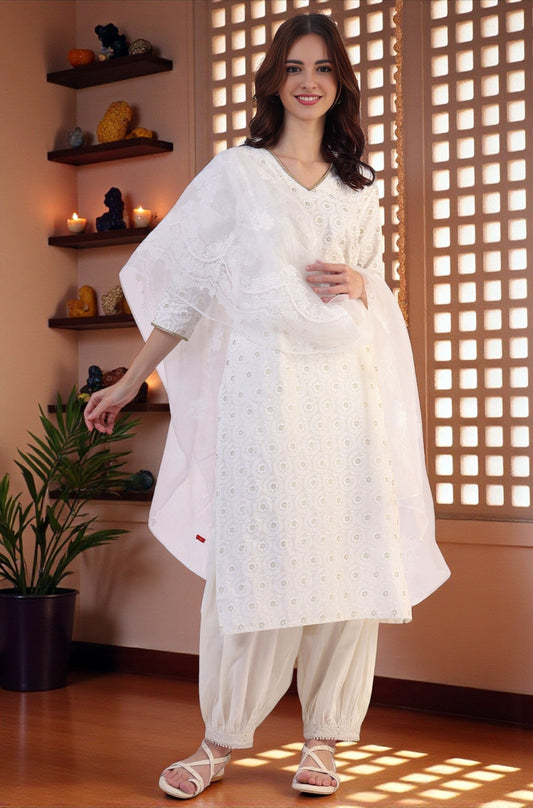 W for Woman White Floral Printed Polyester Dupatta