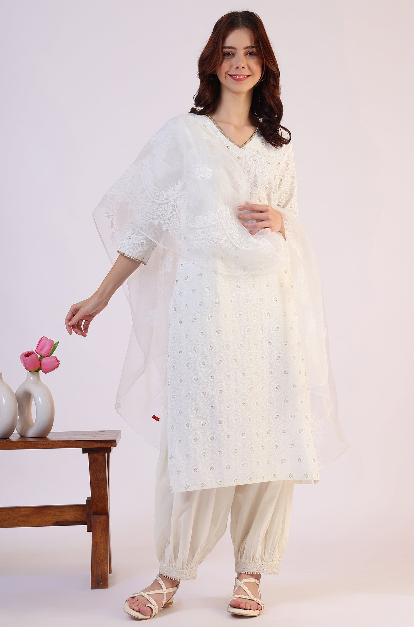 W for Woman White Floral Printed Polyester Dupatta