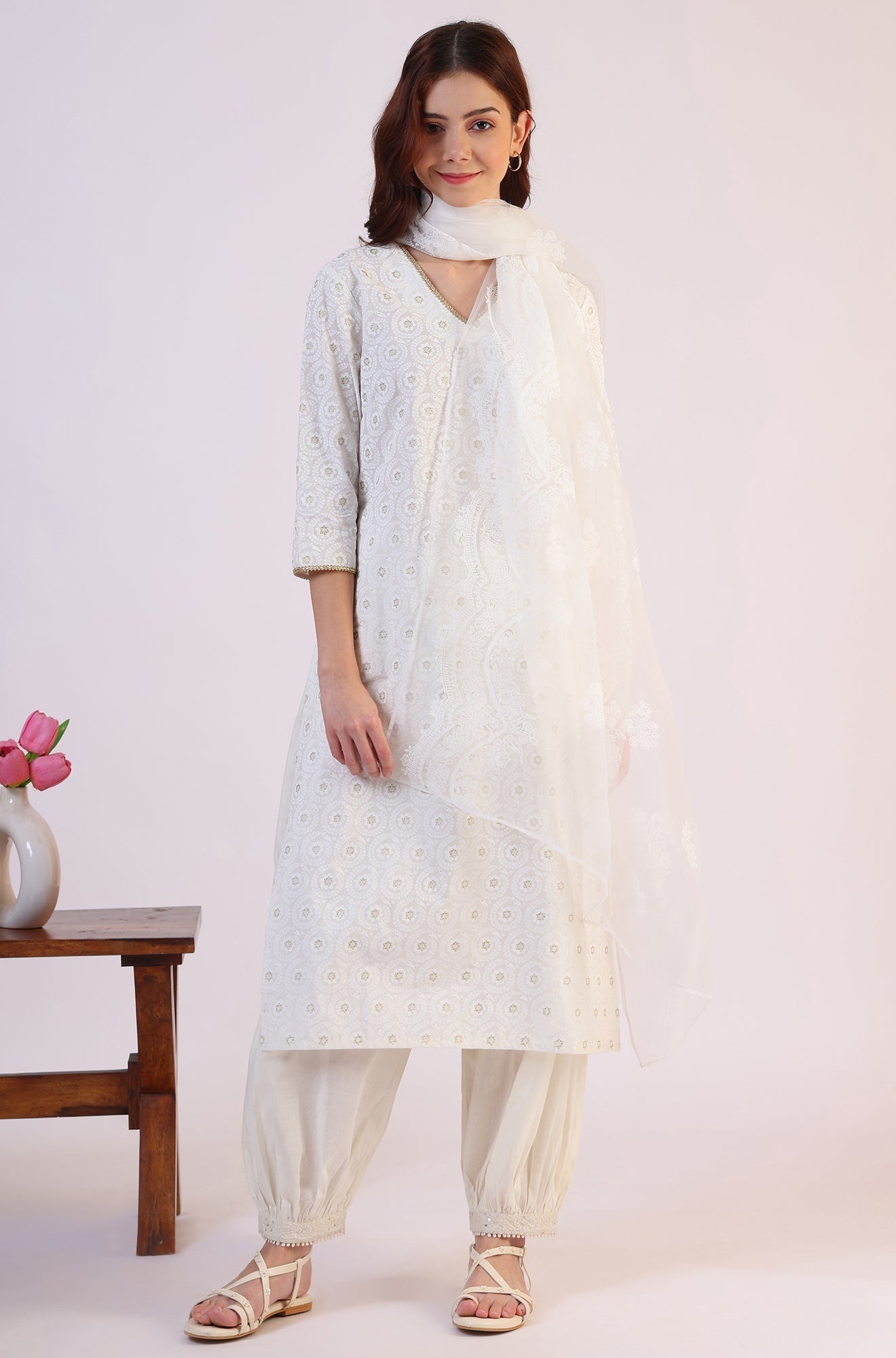 W for Woman White Floral Printed Polyester Dupatta