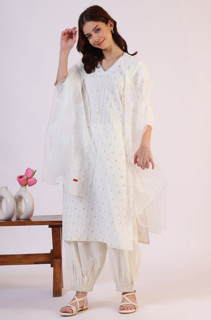 W for Woman White Floral Printed Polyester Dupatta