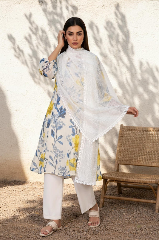 W for Woman White Striped Lace Detail Straight Woven Dupatta