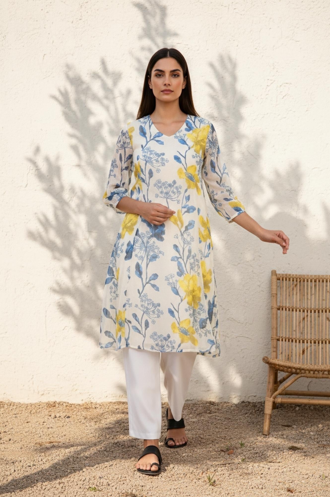 W for Woman White Striped Lace Detail Straight Woven Dupatta