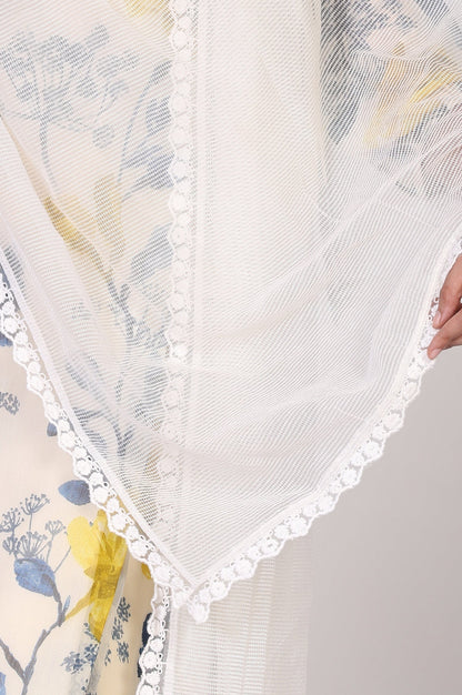 W for Woman White Striped Lace Detail Straight Woven Dupatta
