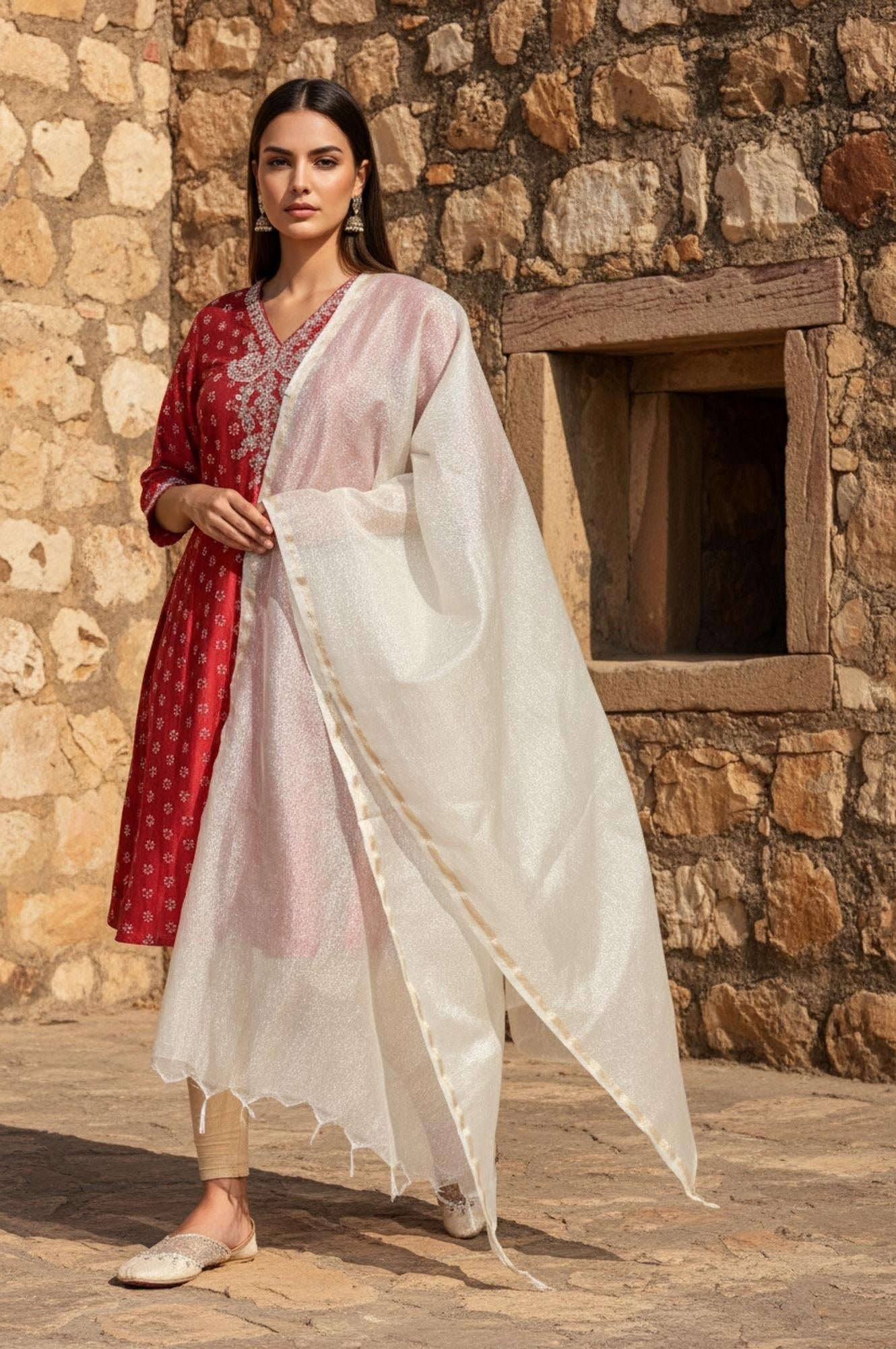 W for Woman Gold Crushed Solid Zari Work Tissue Dupatta