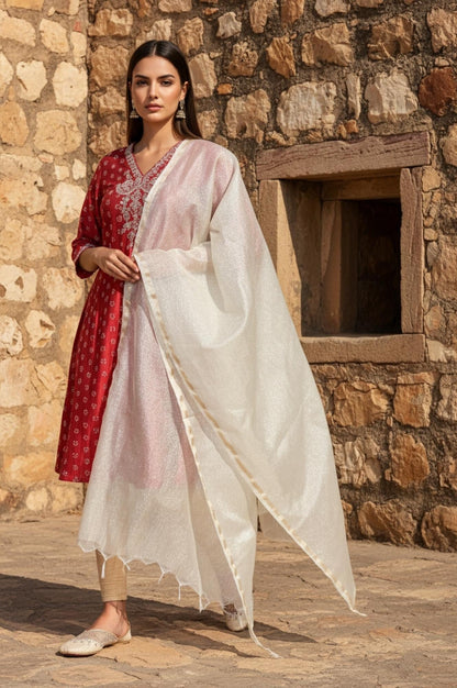 W for Woman Gold Crushed Solid Zari Work Tissue Dupatta