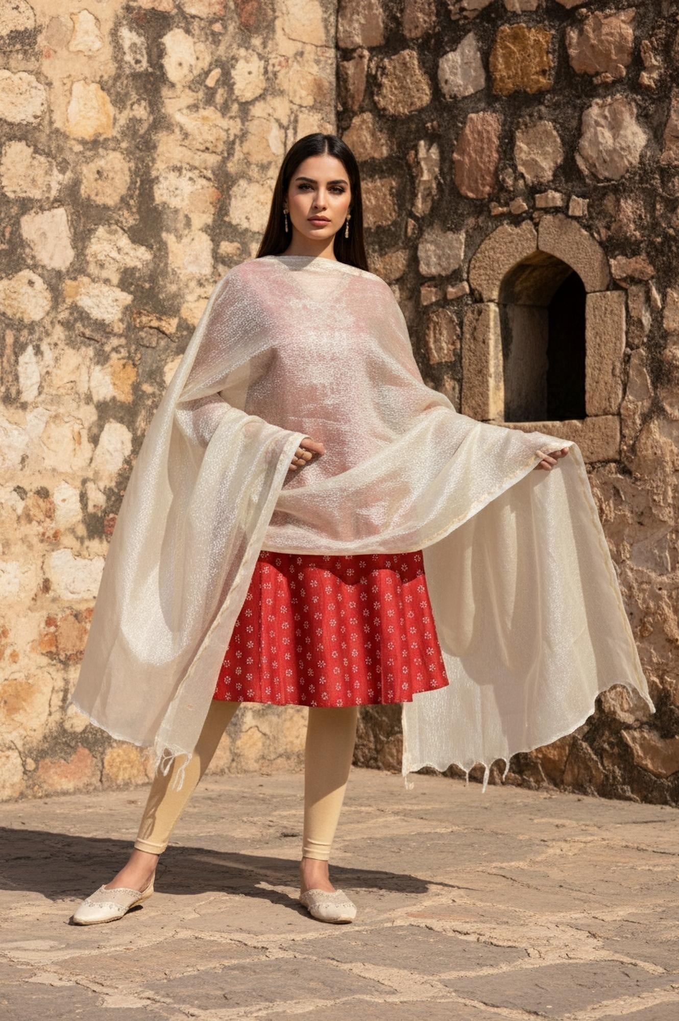 W for Woman Gold Crushed Solid Zari Work Tissue Dupatta