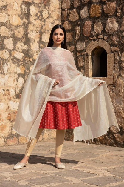 W for Woman Gold Crushed Solid Zari Work Tissue Dupatta