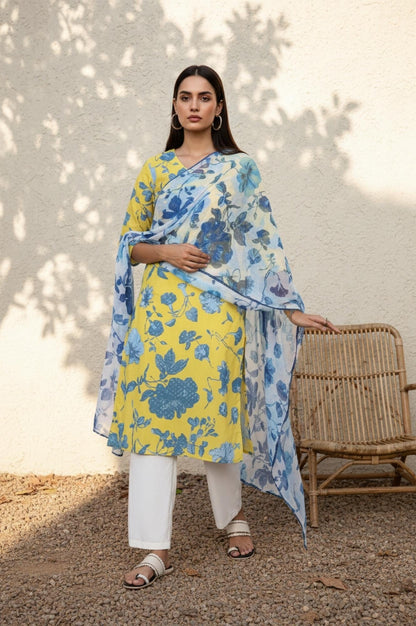 W for Woman Blue Floral Printed Chiffon Dupatta with Lace