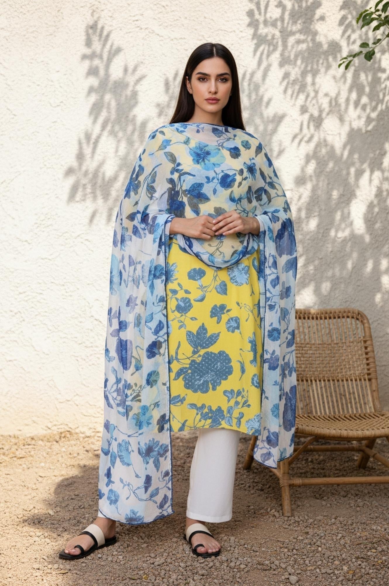 W for Woman Blue Floral Printed Chiffon Dupatta with Lace