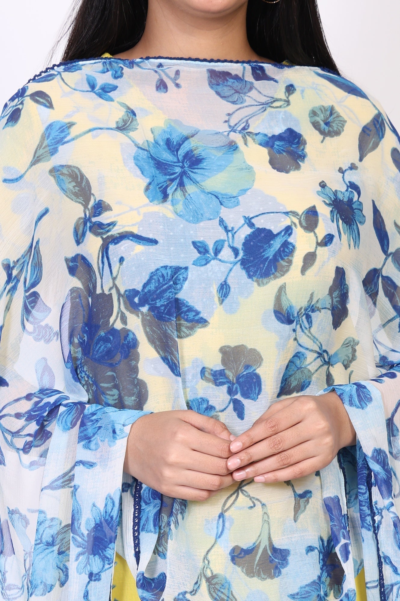 W for Woman Blue Floral Printed Chiffon Dupatta with Lace
