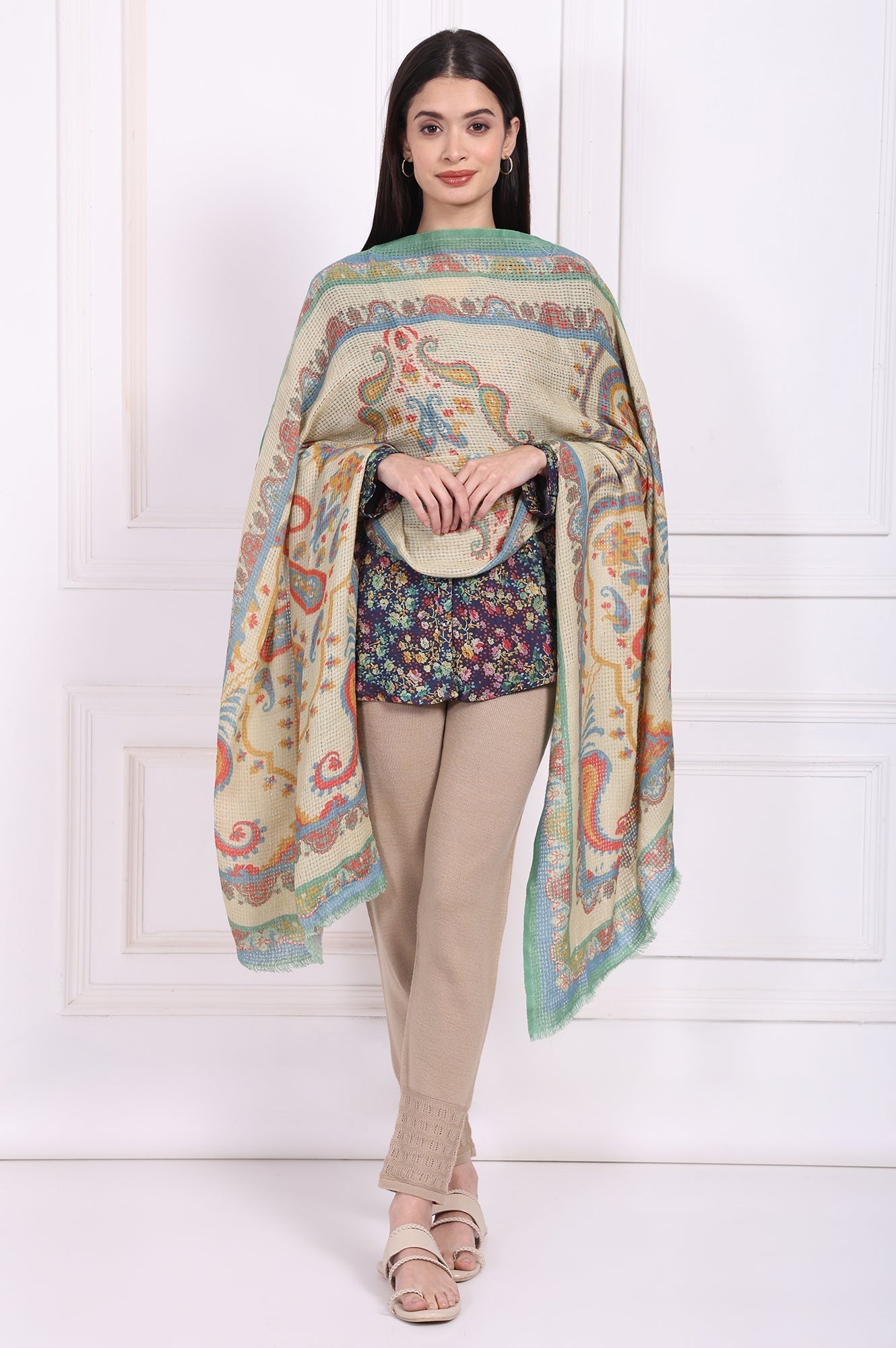 W for Woman Beige Paisley Wool Stole