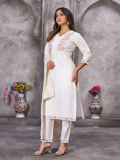 Teeya Creation Women's Elegant White Embroidered Kurta with Pant and Dupatta Set