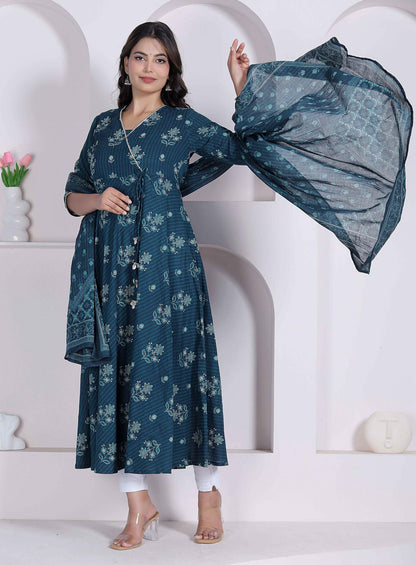 Miravan Womens Blue Floral Printed Angrakha Kurta With Dupatta