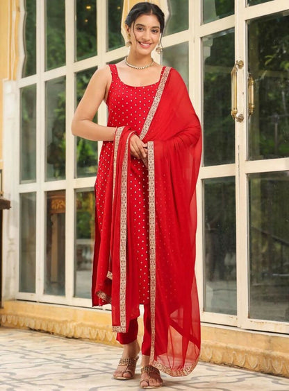 Teeya Creation Womens New Elegant Red Embroidered Kurti with Matching Bottom Set