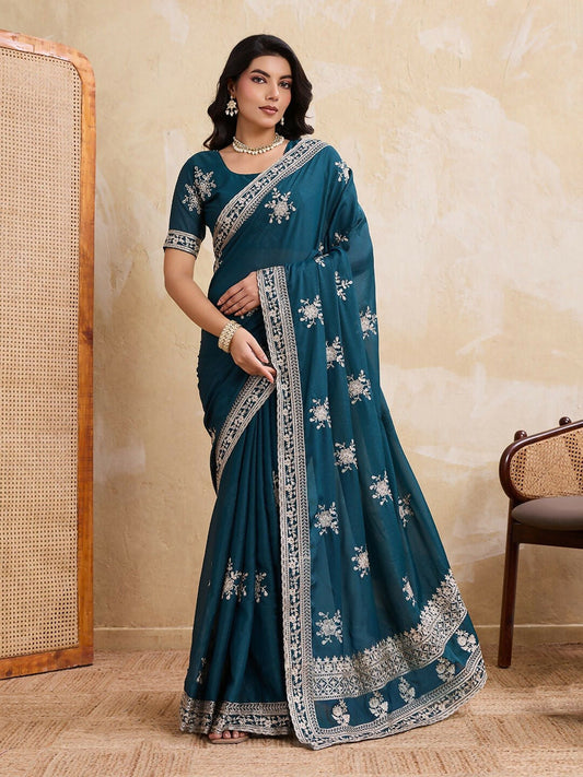 Teeya Creation Womens New Latest Party Wear Soft Georgette Saree-Teal