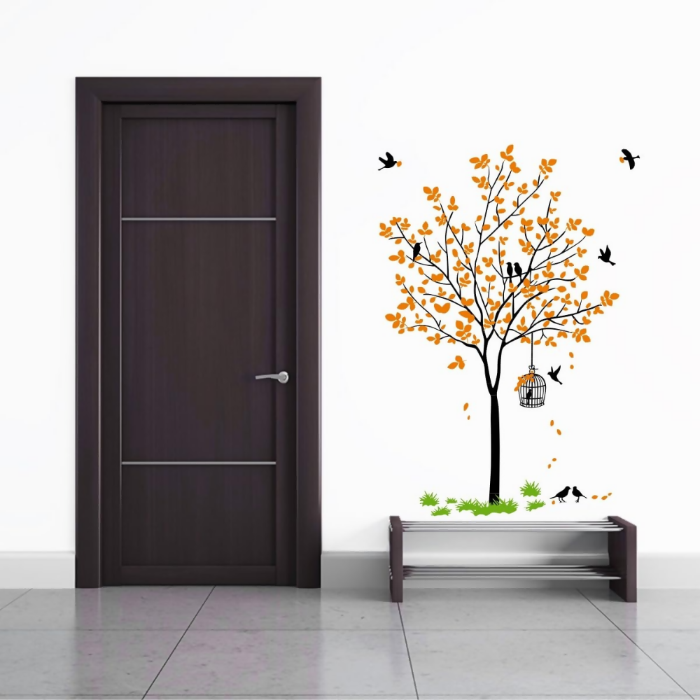 Decal O Decal Vinyl Orange Tree with Birds Cage and Nest Self Adhesive Wall Sticker