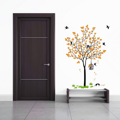 Decal O Decal Vinyl Orange Tree with Birds Cage and Nest Self Adhesive Wall Sticker
